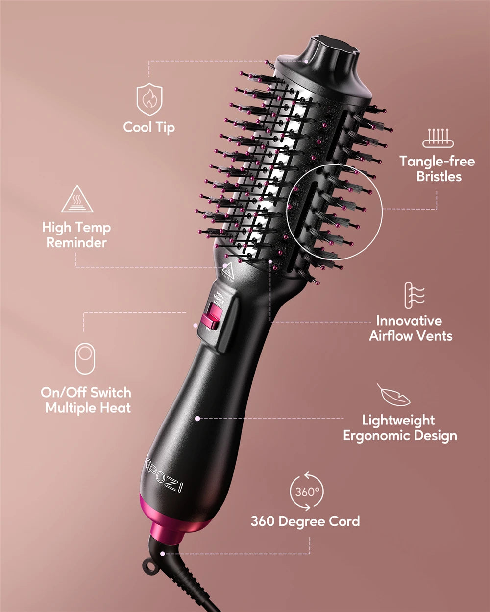 KIPOZI Hot Air Brush 4 in 1 Hot Air Comb Reduces Frizz Static Electricity Hair Dryer Blow Dryer Brush Create Voluminous Curls